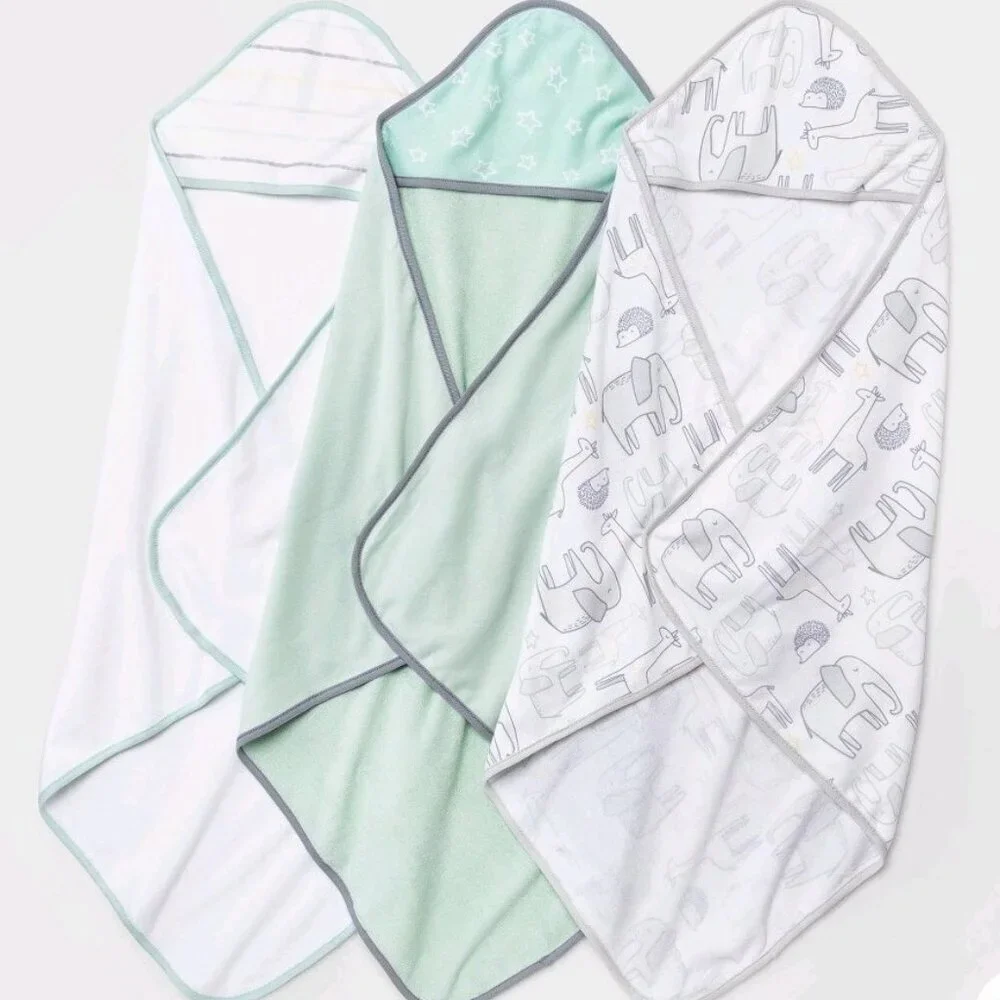 Infant Cloud Island Green/Gray 3-pack Hooded Towel Lightweight Baby Gift New